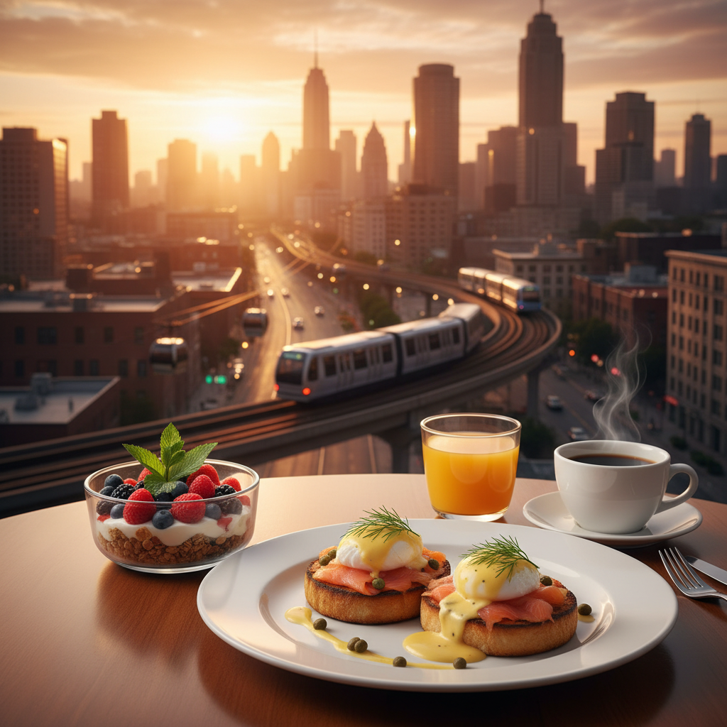 Skyline urbaine à l'aube avec des lignes de transport, symbolisant la connectivité